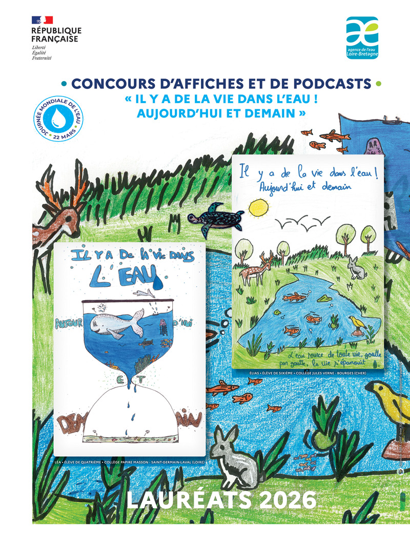 Affiche réalisée à partir des dessins des lauréats du concours d'affiches et podcasts 2026 de l'agence de l'eau