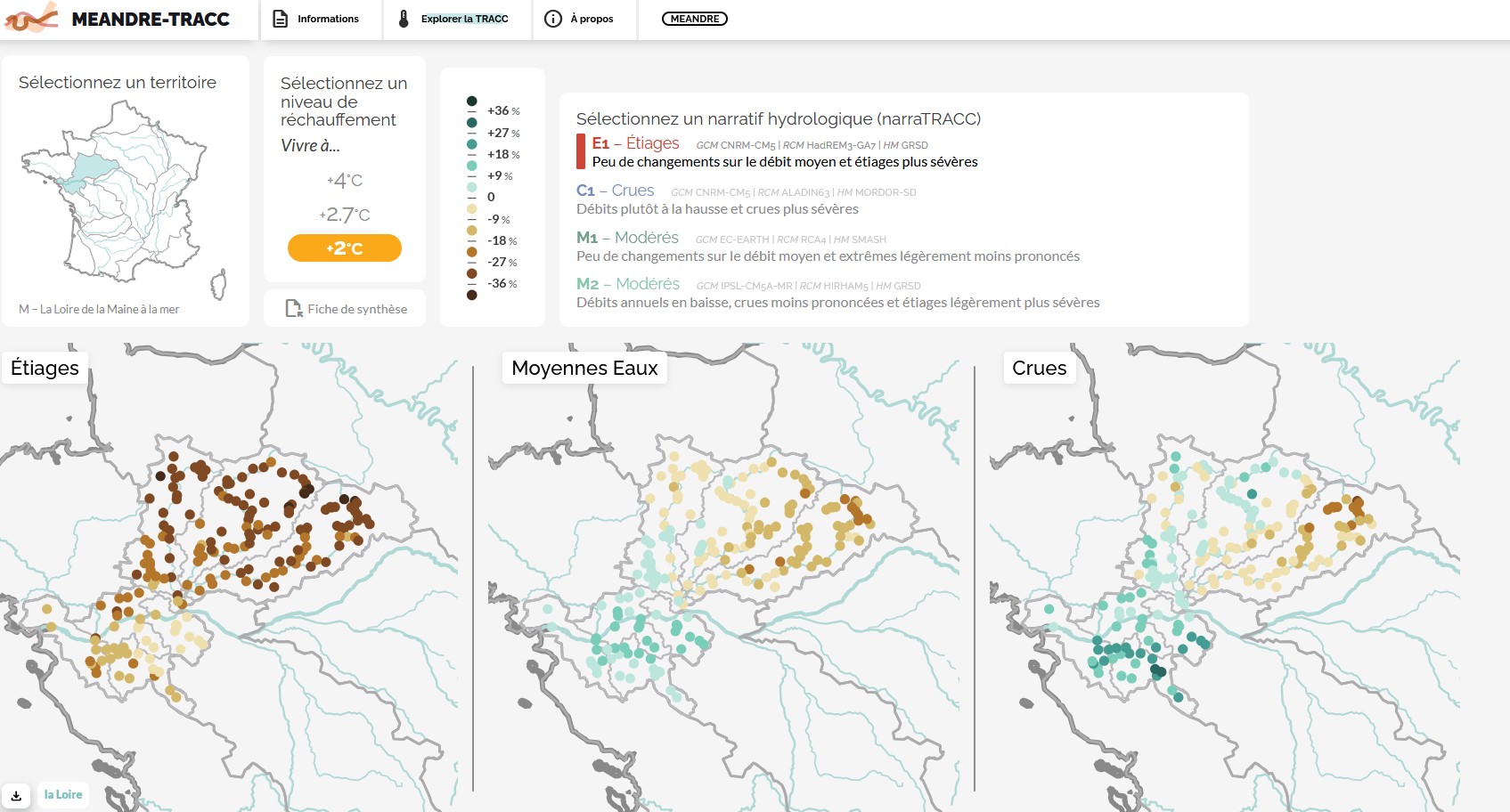 Cartes de projection sur un territoire pour les données Etiages, Moyennes Eaux et Crues selon le niveau de réchauffement