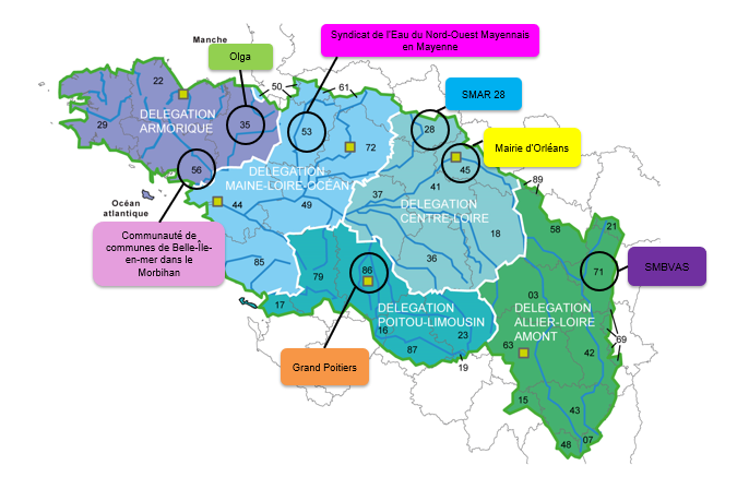 Carte du bassin Loire-Bretagne représentant la répartition des 7 lauréats des Trophées de l'eau 2025