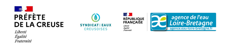 Logos : Préfecture de la Creuse, Liberté, égalité, fraternité - Syndicat des eaux Creusoises - République française, Liberté, égalité, fraternité et Agence de l'eau Loire-Bretagne