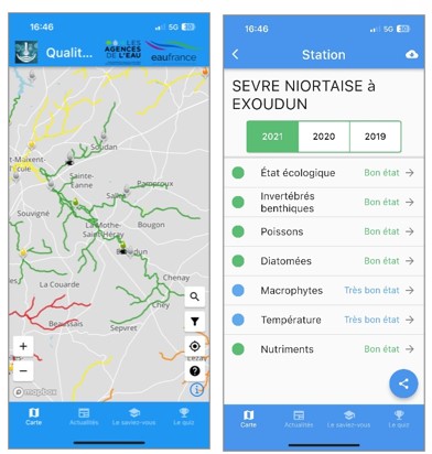 Visuel de 2 écran de rendu de l'application Qualité des rivières