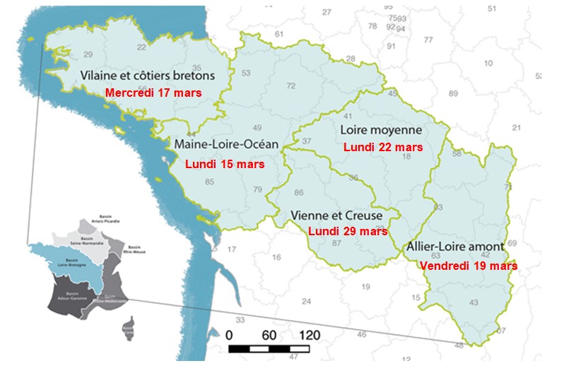 Carte des sous-bassins Loire-Bretagne mentionnant la date des forums de l'eau 