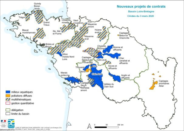 Carte des nouveaux projets de contrats territoriaux sur le bassin Loire-Bretagne