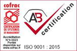 cofrac – Certifications de Systèmes de Management – Accréditation N°4-0023 Portée disponible sur www.cofrac.fr – AB certification – ISO 9001 : 2015