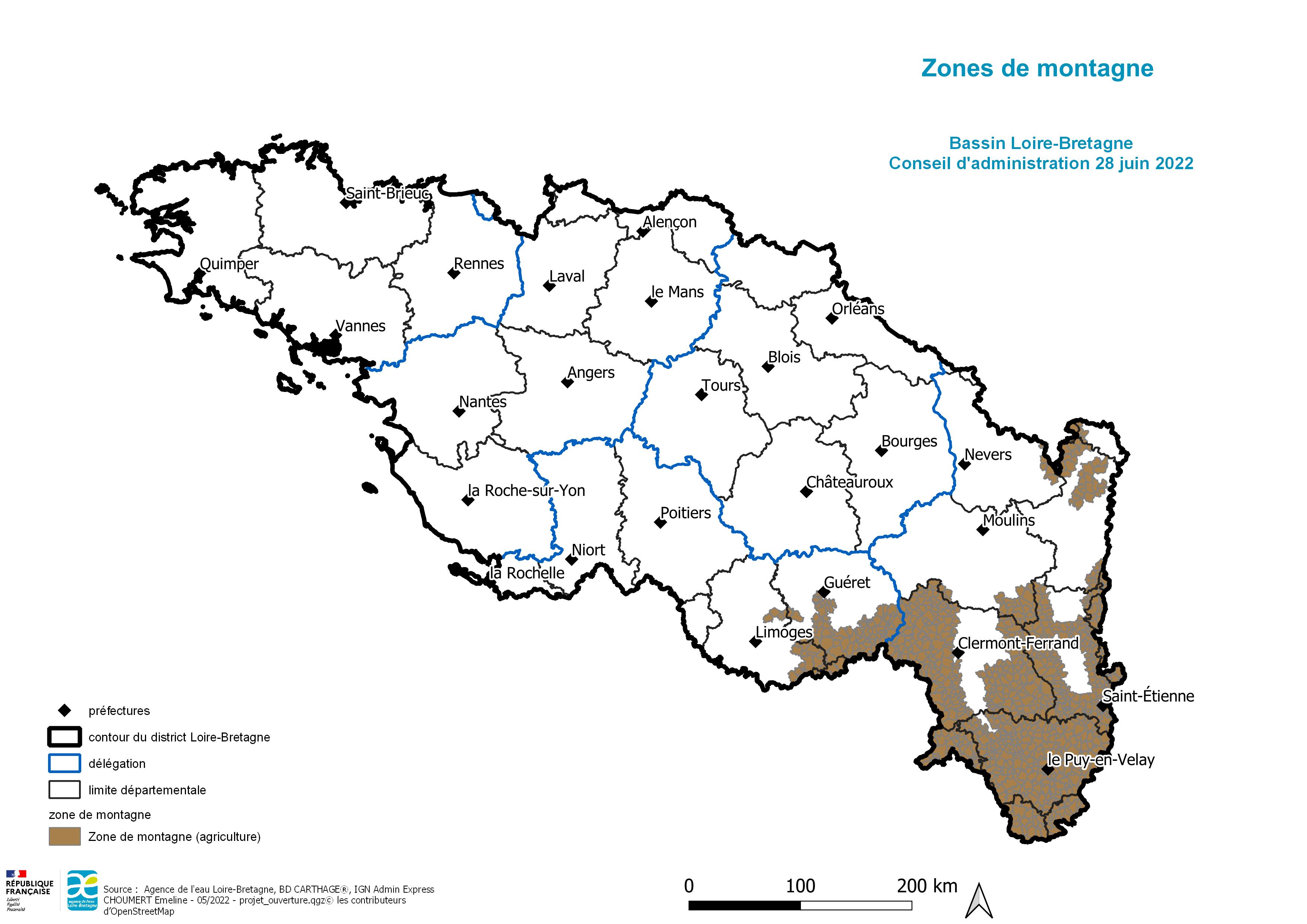 Carte situant les zones de montagnes en amont du bassin Loire-Bretagne